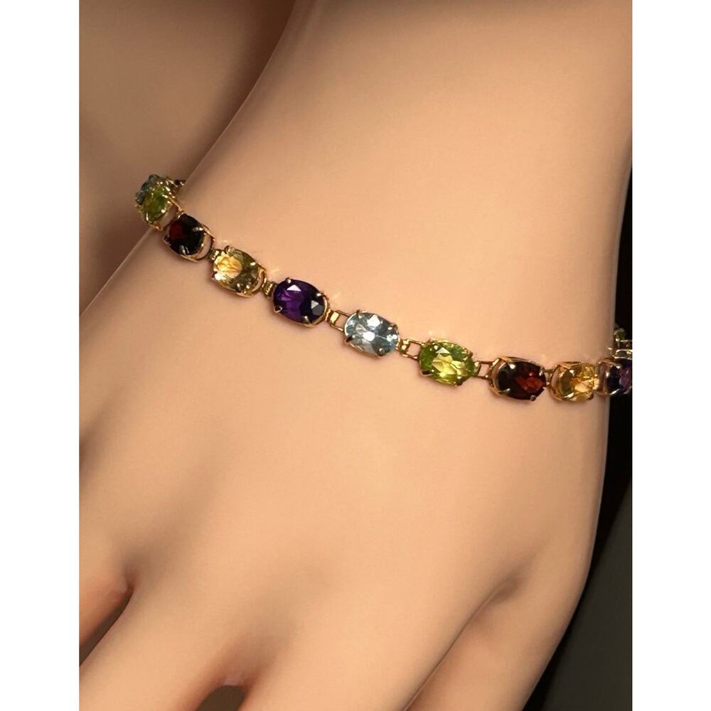 Vintage 585 14k solid yellow gold multicolor oval gemstones tennis bracelet 7.25